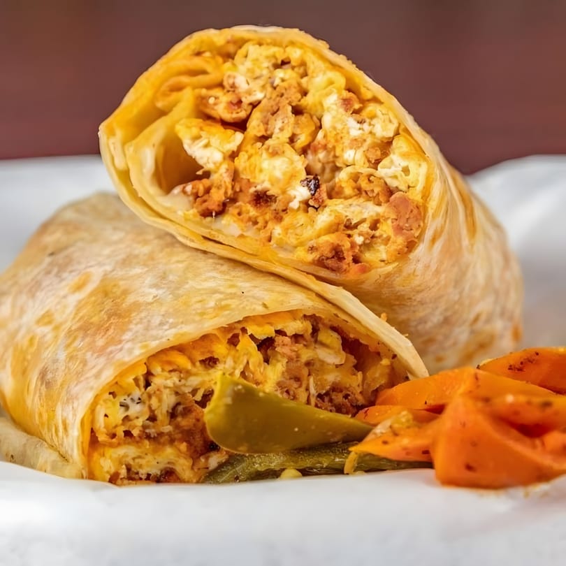 Two halves of a La Sureña Taquerias burrito, filled with scrambled eggs and chorizo, served with pickled vegetables.