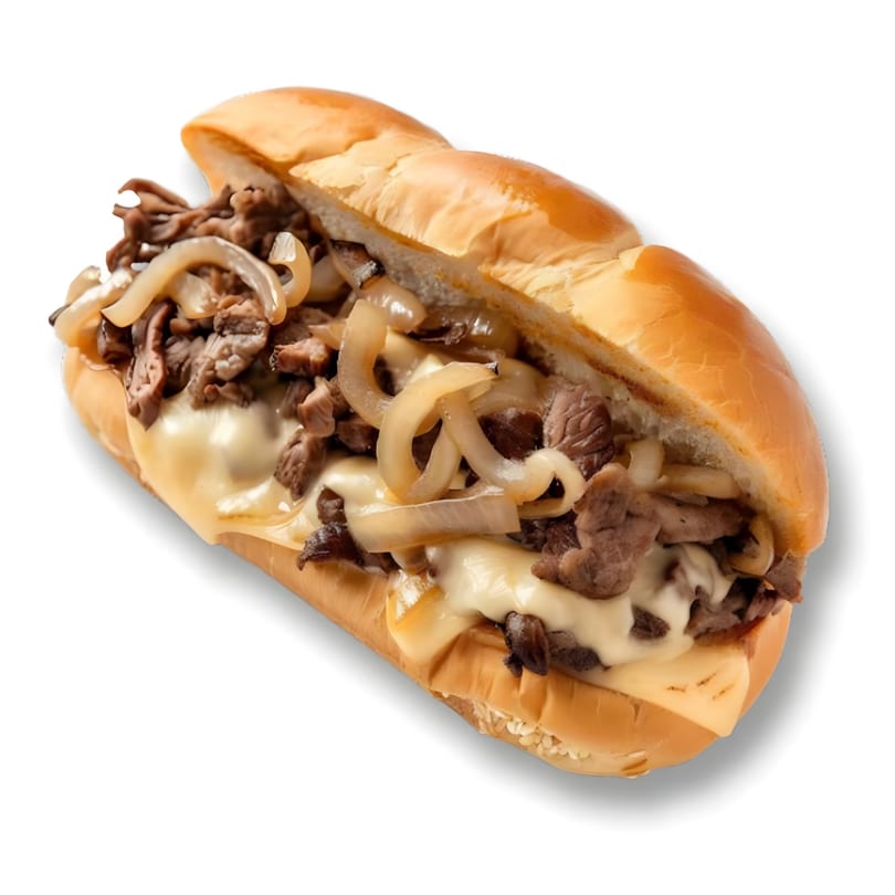 A La Sureña Taquerias cheesesteak sandwich with steak, melted cheese, and onions on a white background.